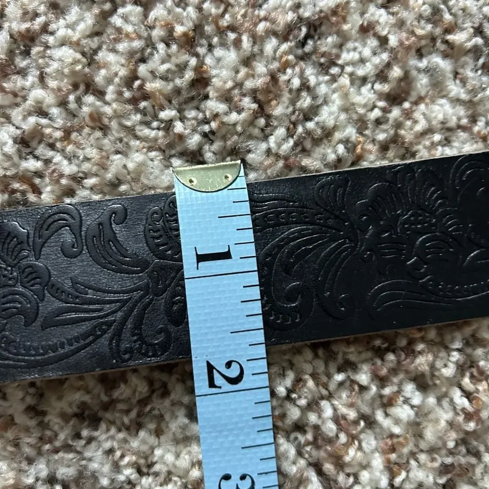 Mens Black Embossed Genuine Leather Embossed Western Inspired Belt Silver Buckle
